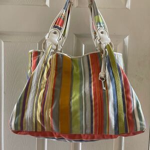 Fossil Multi color canvas and patent leather double straps large shoulder bag.